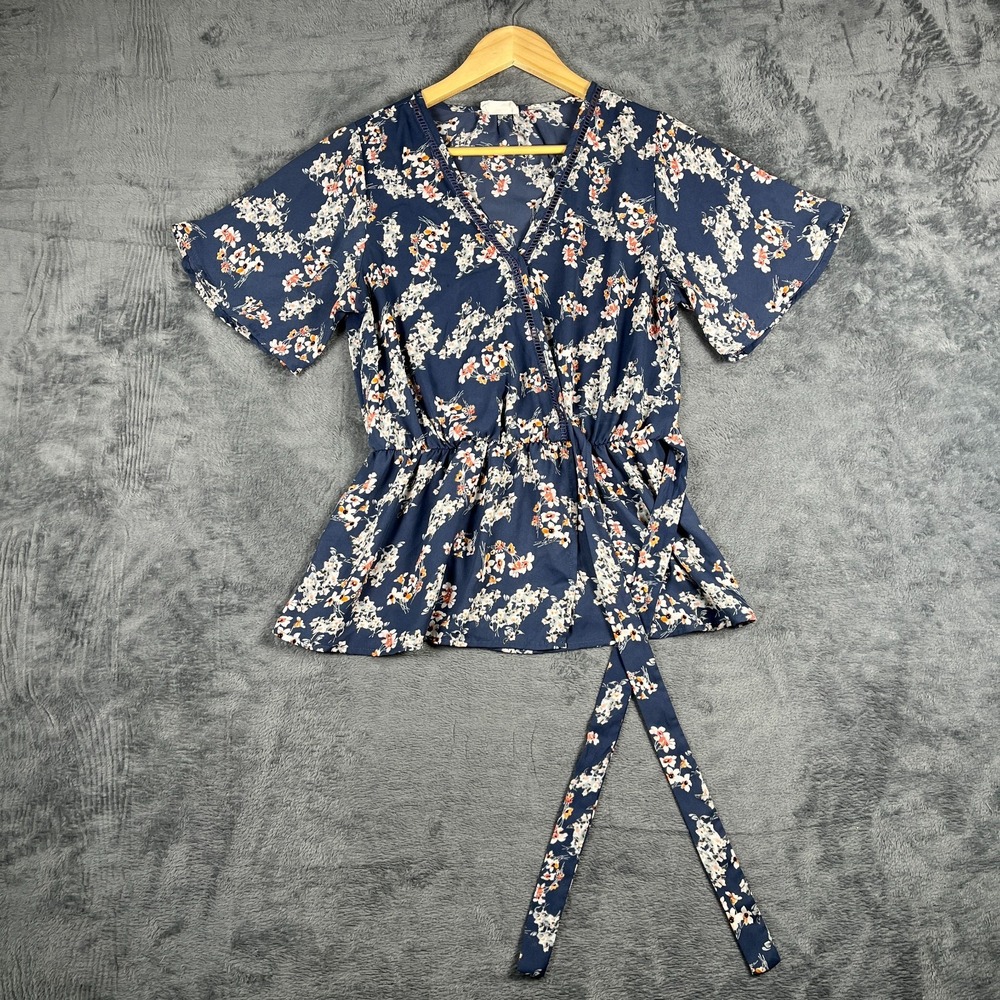 Sienna Sky Peplum Blouse Top Womens Medium Navy Blue Floral Tie Front V Neck